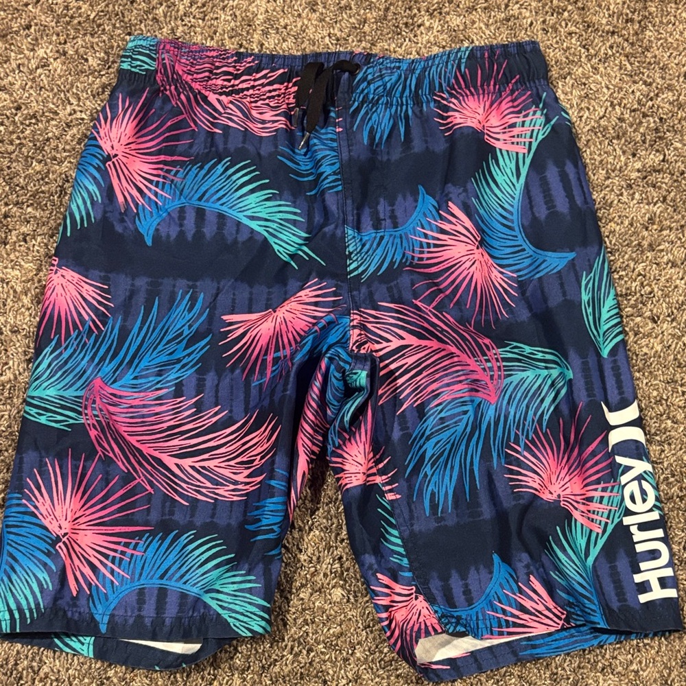 Hurley Navy Swim Shorts with Pink & Teal Palm Motif